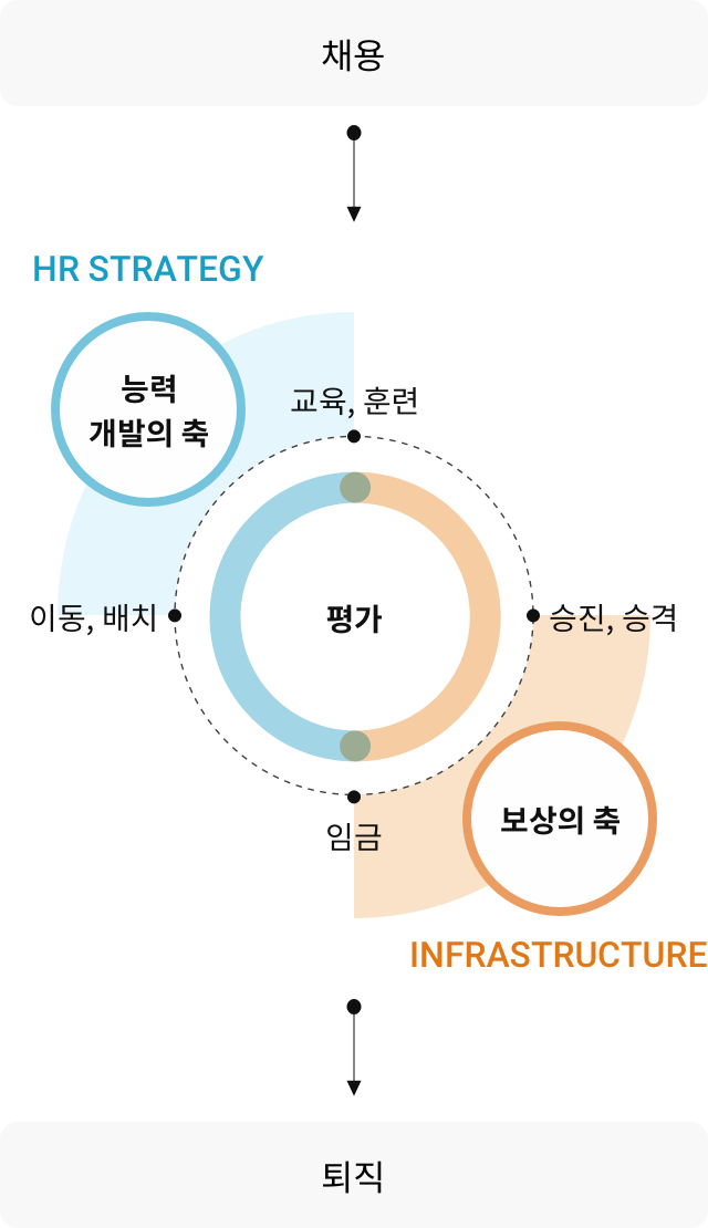 채용 이후 HR전략과 인프라로 능력 개발과 평가, 보상을 반복하며 승격하는 시스템